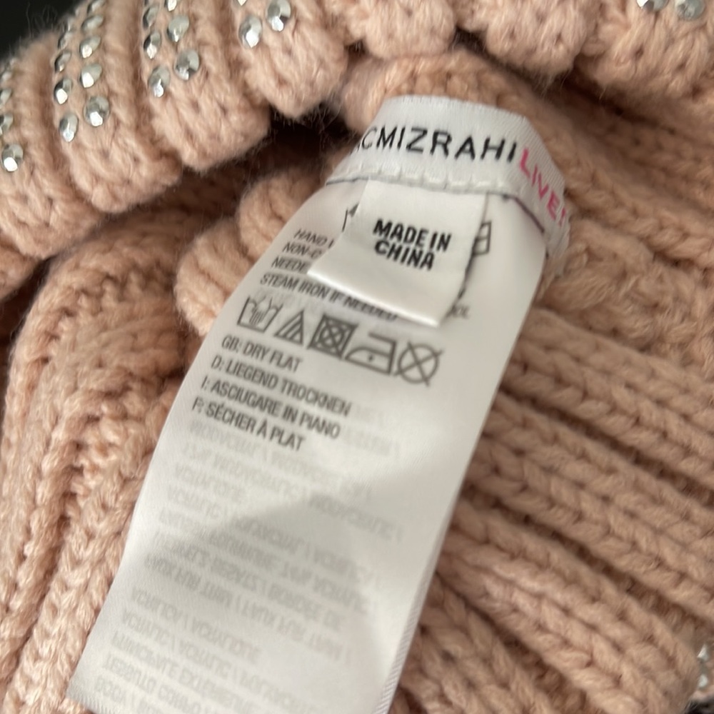 Two Isaac Mizrahi live gray and pink beaded winter hats with pom-pom - Picture 8 of 11